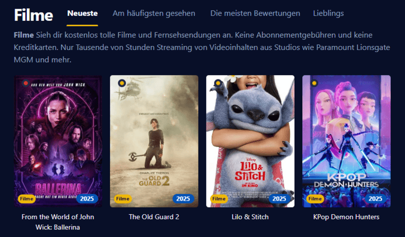 Bildschirmfoto der Oberfläche von Einschalten welche eine aktuelle Streaming Plattform mit Filmen und Serien darstellt